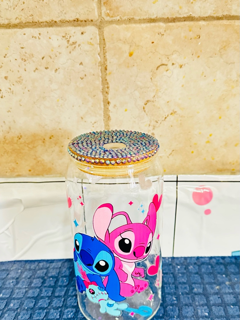 Disney Pink and Blue Lilo & Stitch Rhinestone Kids Water Bottle